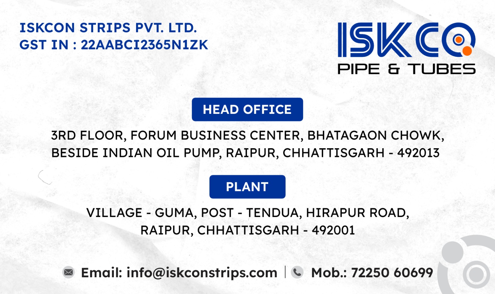 ISKCON Strips head office, plant, email and mobile contact reference