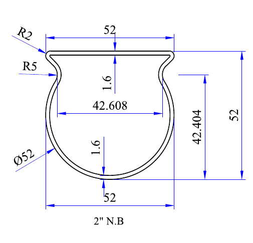 2 inch N.B railing tube profile drawing with 52 mm width and height and 1.6 mm thickness.