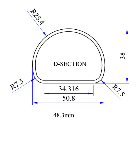 D-section railing tube drawing with 50.8 mm overall width and 38 mm height, labelled 48.3 mm in the Product Summary.