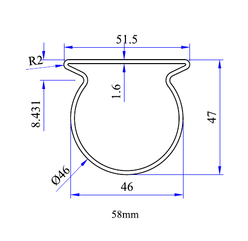 58 mm railing tube drawing with 51.5 mm top width, 46 mm lower width, 47 mm height and 1.6 mm thickness.